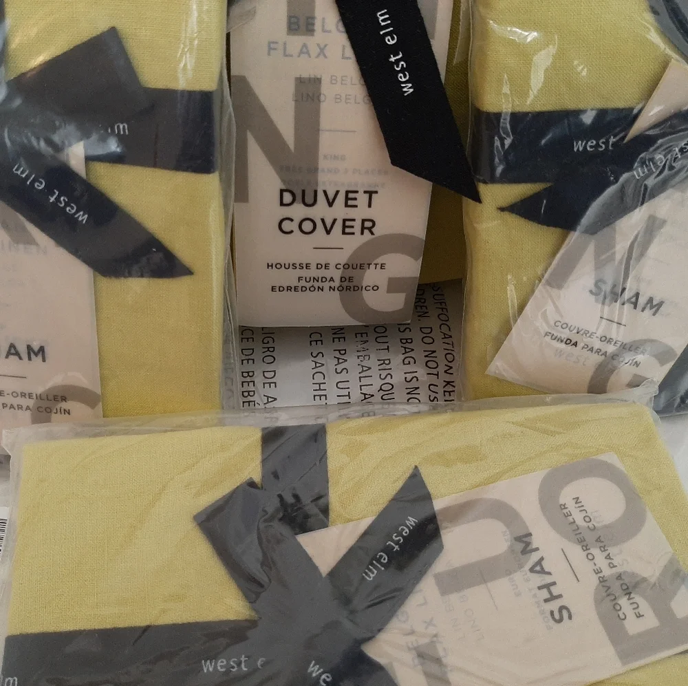 West Elm European Flax Linen RARE King Duvet Cover king shams 1 Euro sham Citrus